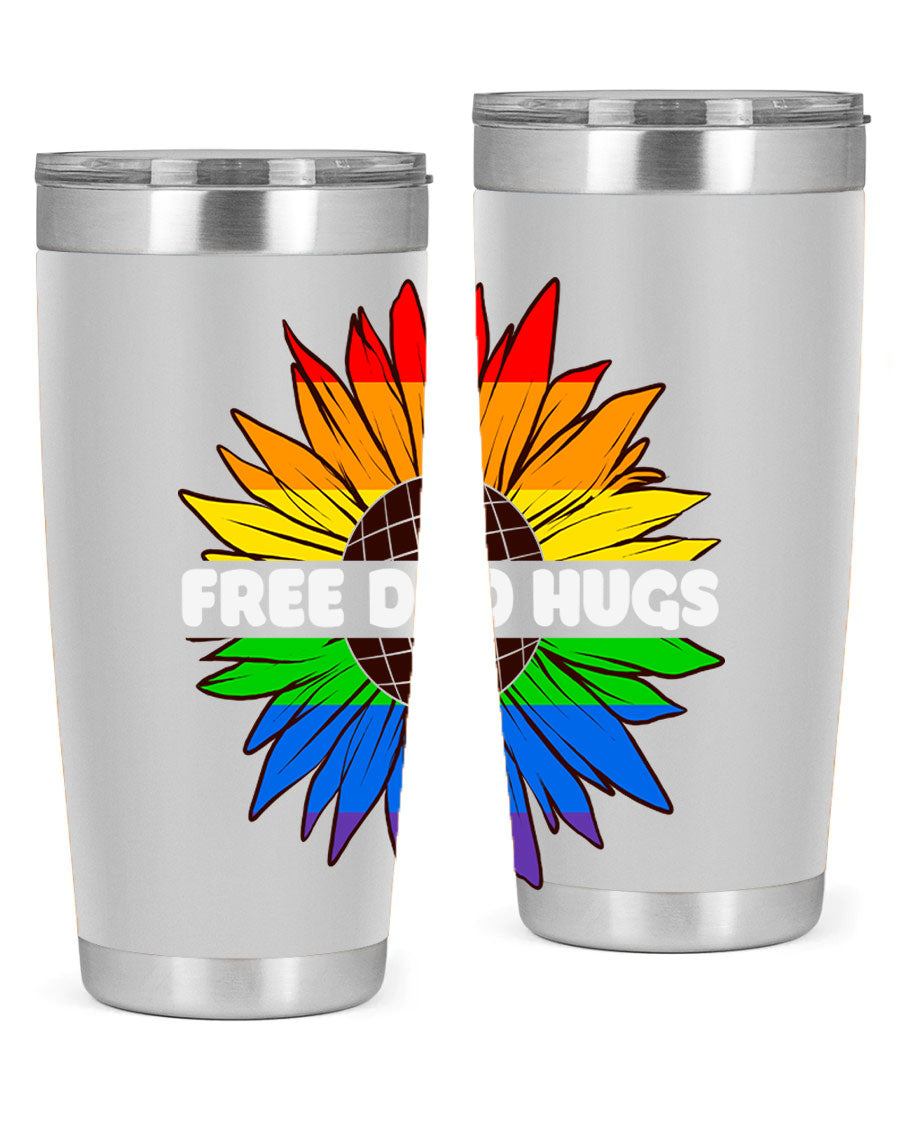 Free Dad Hugs Pride LGBT tumbler in stainless steel with colorful design, perfect for hot and cold beverages.