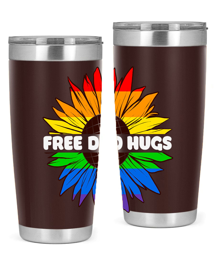 Free Dad Hugs Pride LGBT tumbler in stainless steel with colorful design, perfect for hot and cold beverages.