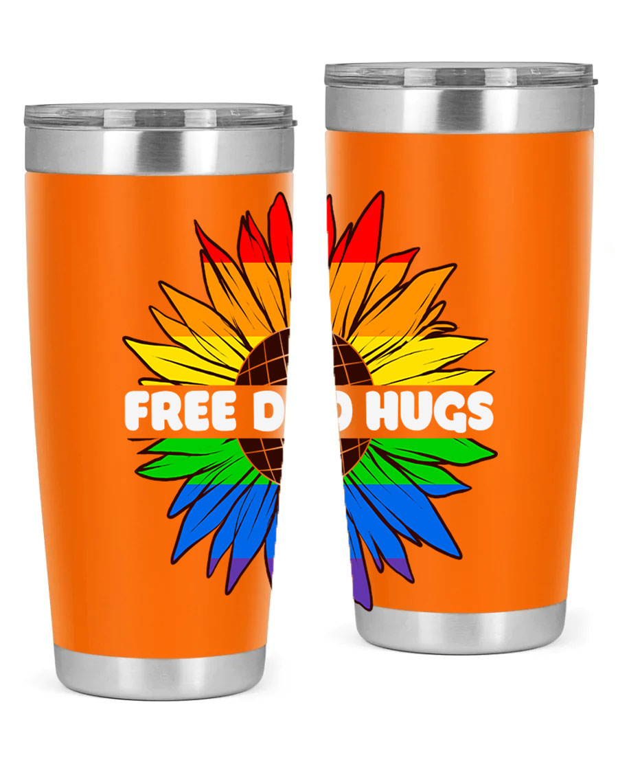 Free Dad Hugs Pride LGBT tumbler in stainless steel with colorful design, perfect for hot and cold beverages.