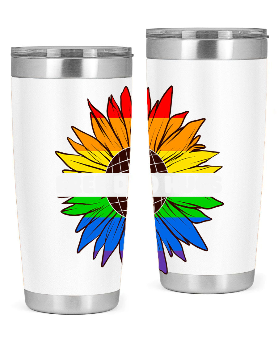 Free Dad Hugs Pride LGBT tumbler in stainless steel with colorful design, perfect for hot and cold beverages.