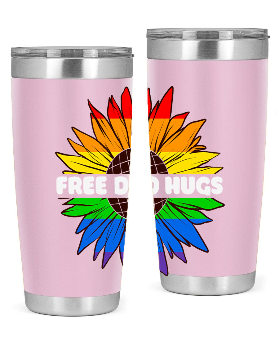 Free Dad Hugs Pride LGBT tumbler in stainless steel with colorful design, perfect for hot and cold beverages.