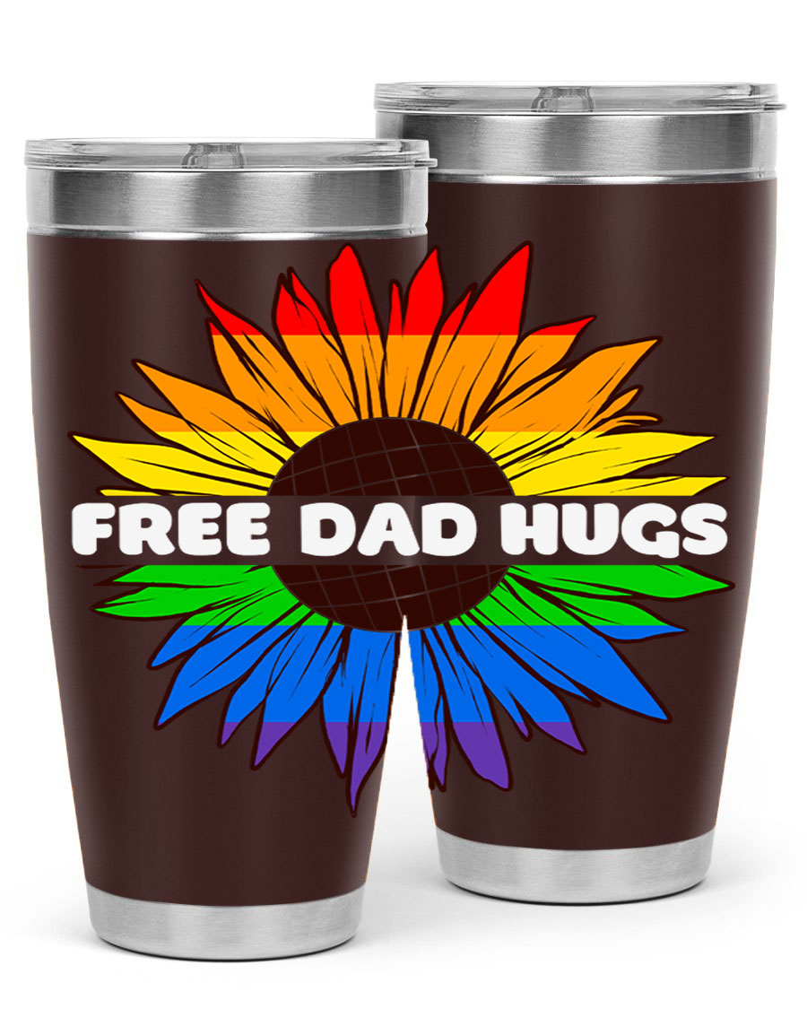 Free Dad Hugs Pride LGBT tumbler in stainless steel with colorful design, perfect for hot and cold beverages.