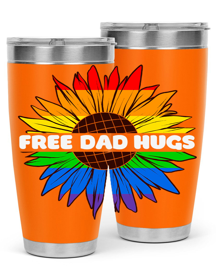 Free Dad Hugs Pride LGBT tumbler in stainless steel with colorful design, perfect for hot and cold beverages.