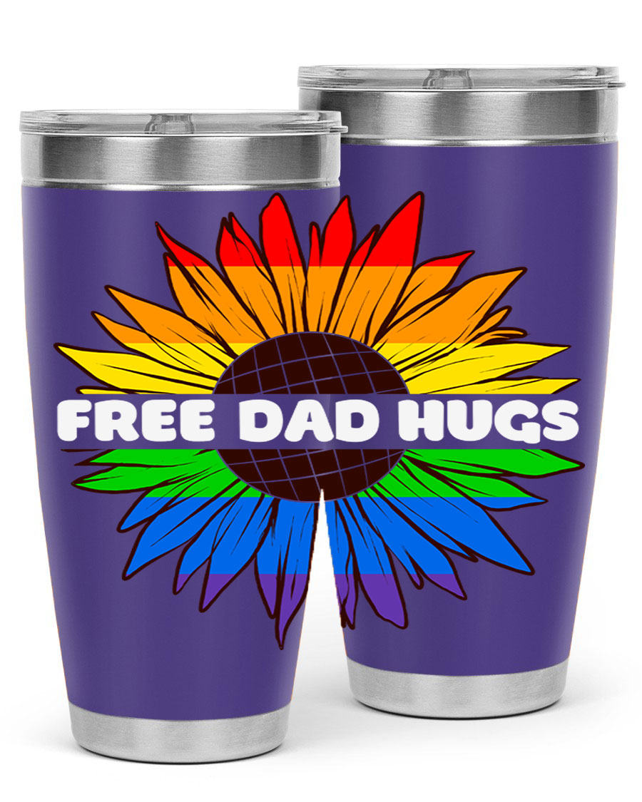 Free Dad Hugs Pride LGBT tumbler in stainless steel with colorful design, perfect for hot and cold beverages.