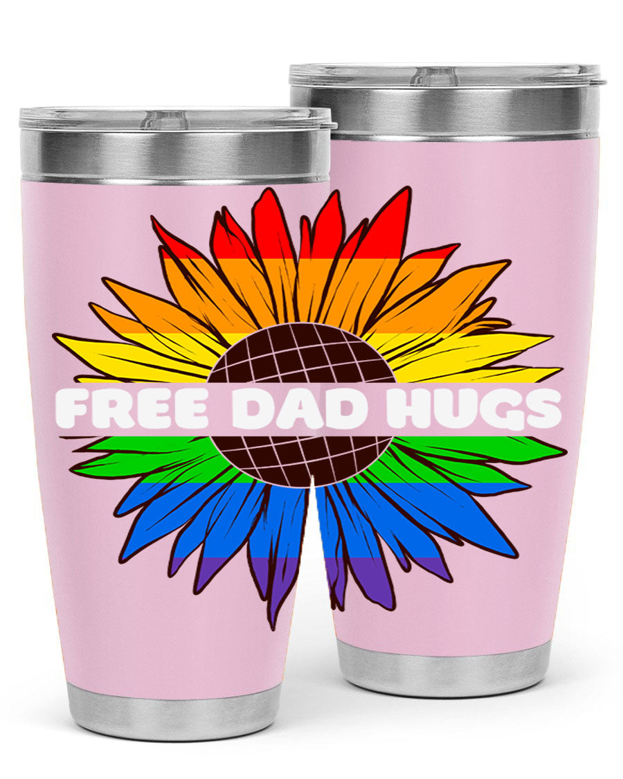 Free Dad Hugs Pride LGBT tumbler in stainless steel with colorful design, perfect for hot and cold beverages.