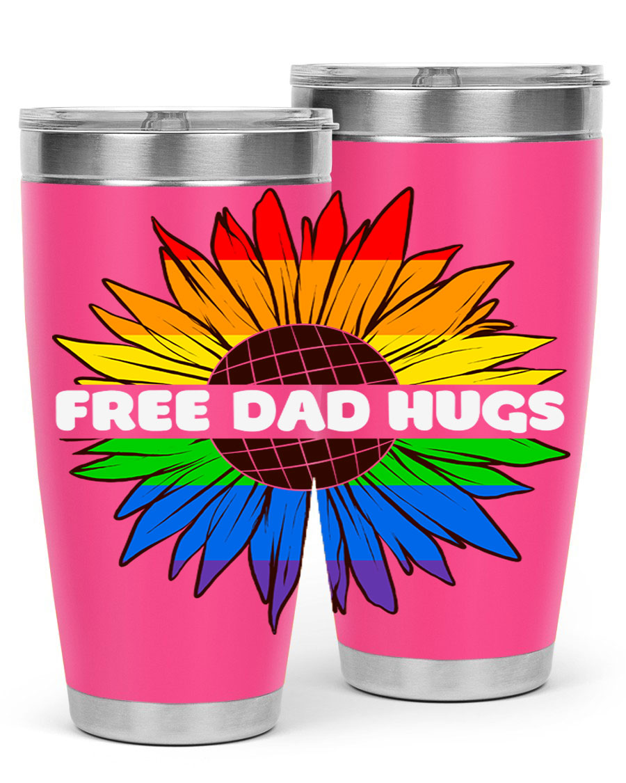 Free Dad Hugs Pride LGBT tumbler in stainless steel with colorful design, perfect for hot and cold beverages.