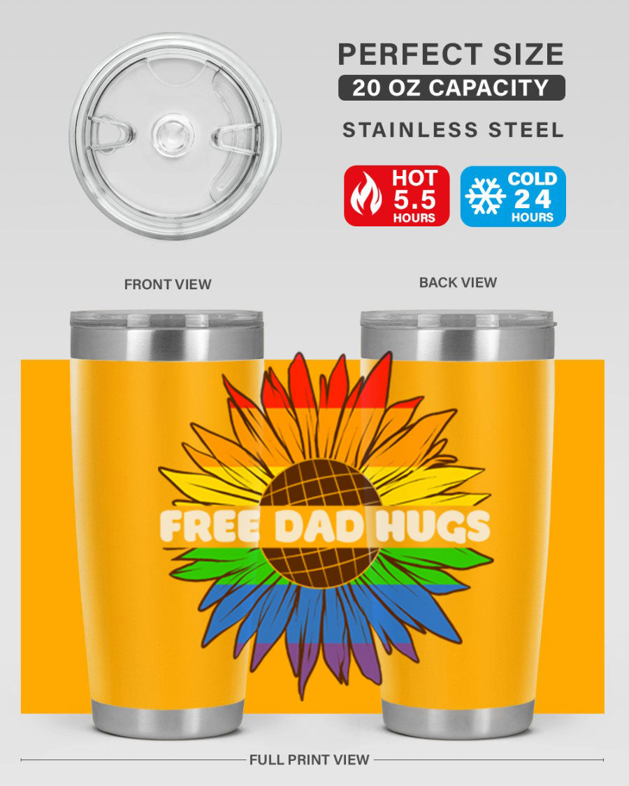 Free Dad Hugs Pride LGBT tumbler in stainless steel with colorful design, perfect for hot and cold beverages.