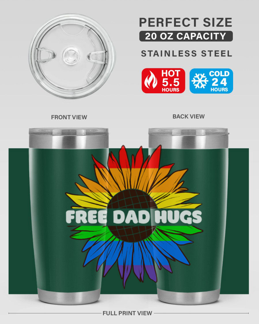 Free Dad Hugs Pride LGBT tumbler in stainless steel with colorful design, perfect for hot and cold beverages.
