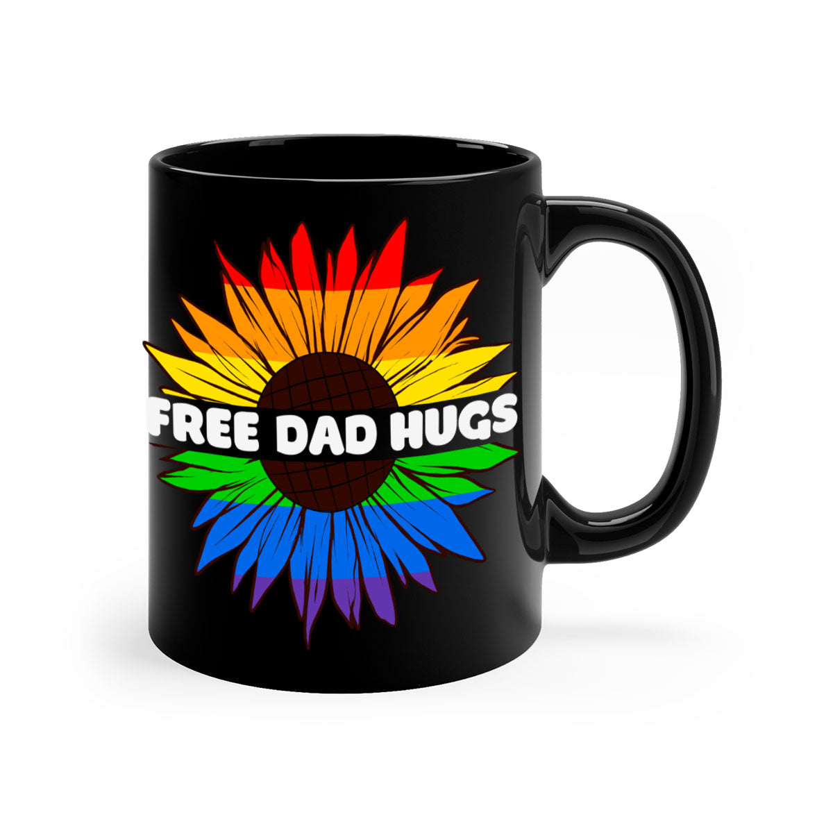 A colorful two-tone ceramic mug featuring the phrase 'Free Dad Hugs Pride LGBT', available in multiple colors with a glossy finish.