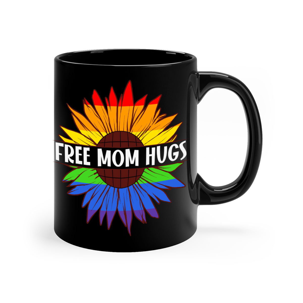 Free Mom Hugs LGBT Daisy Mug with colorful handle and interior, showcasing a daisy design and glossy finish.