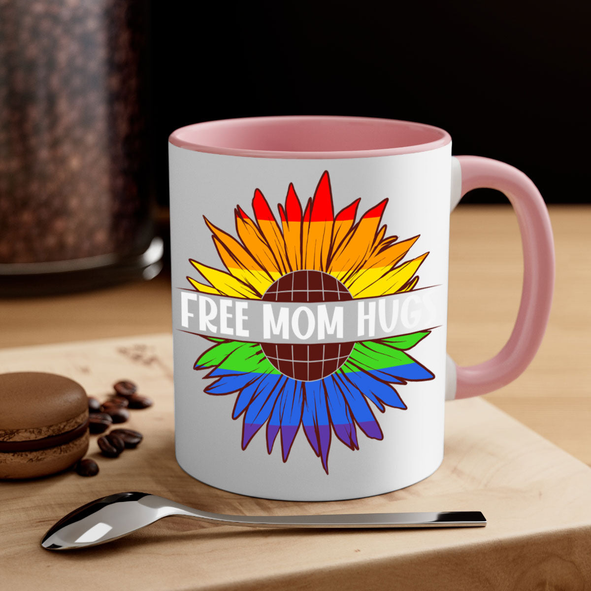 Free Mom Hugs LGBT Daisy Mug with colorful handle and interior, showcasing a daisy design and glossy finish.