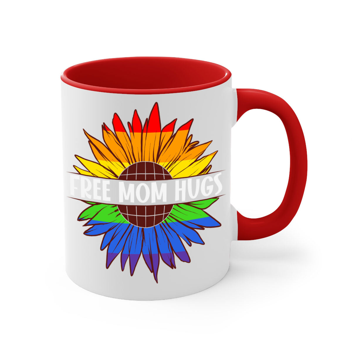 Free Mom Hugs LGBT Daisy Mug with colorful handle and interior, showcasing a daisy design and glossy finish.