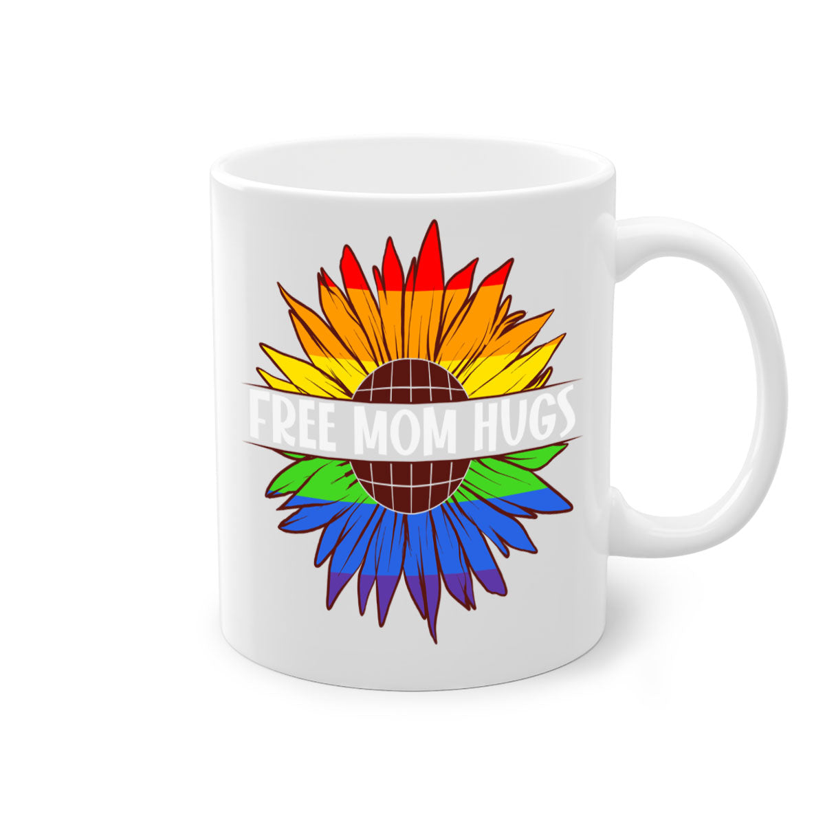 Free Mom Hugs LGBT Daisy Mug with colorful handle and interior, showcasing a daisy design and glossy finish.