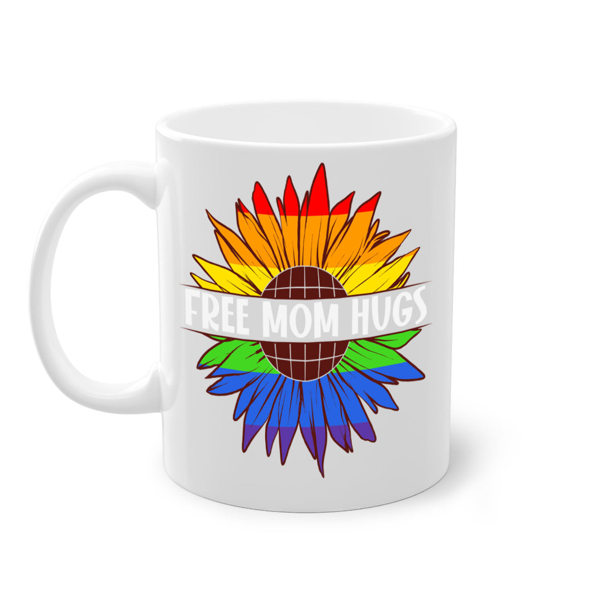 Free Mom Hugs LGBT Daisy Mug with colorful handle and interior, showcasing a daisy design and glossy finish.