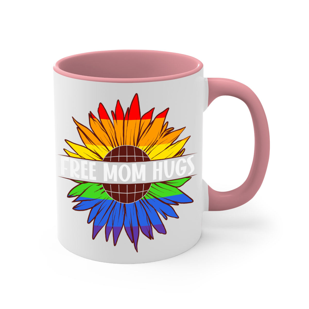 Free Mom Hugs LGBT Daisy Mug with colorful handle and interior, showcasing a daisy design and glossy finish.