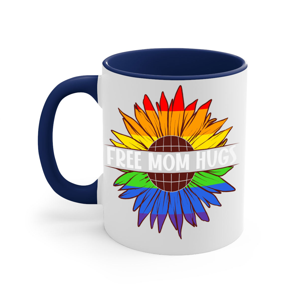 Free Mom Hugs LGBT Daisy Mug with colorful handle and interior, showcasing a daisy design and glossy finish.