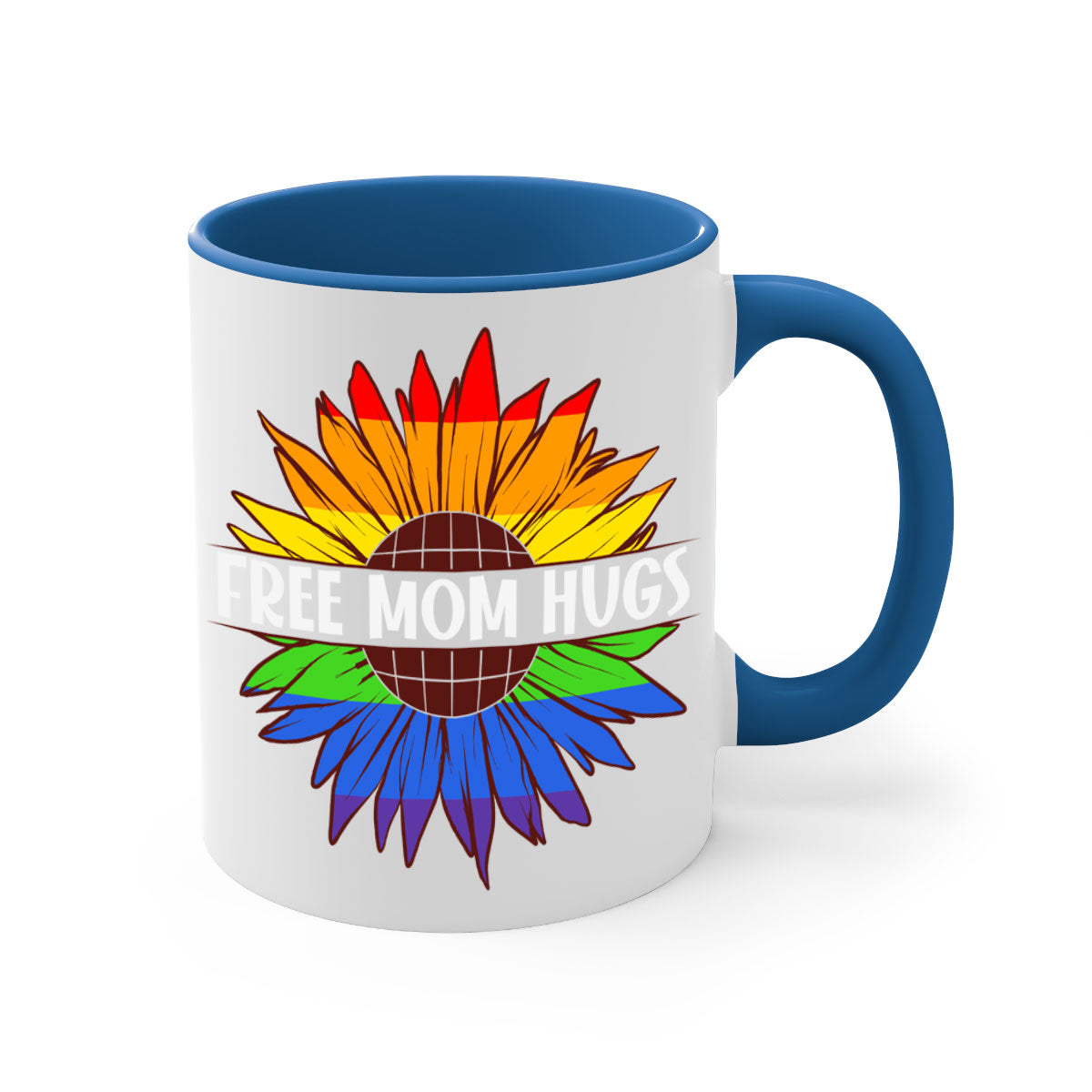 Free Mom Hugs LGBT Daisy Mug with colorful handle and interior, showcasing a daisy design and glossy finish.