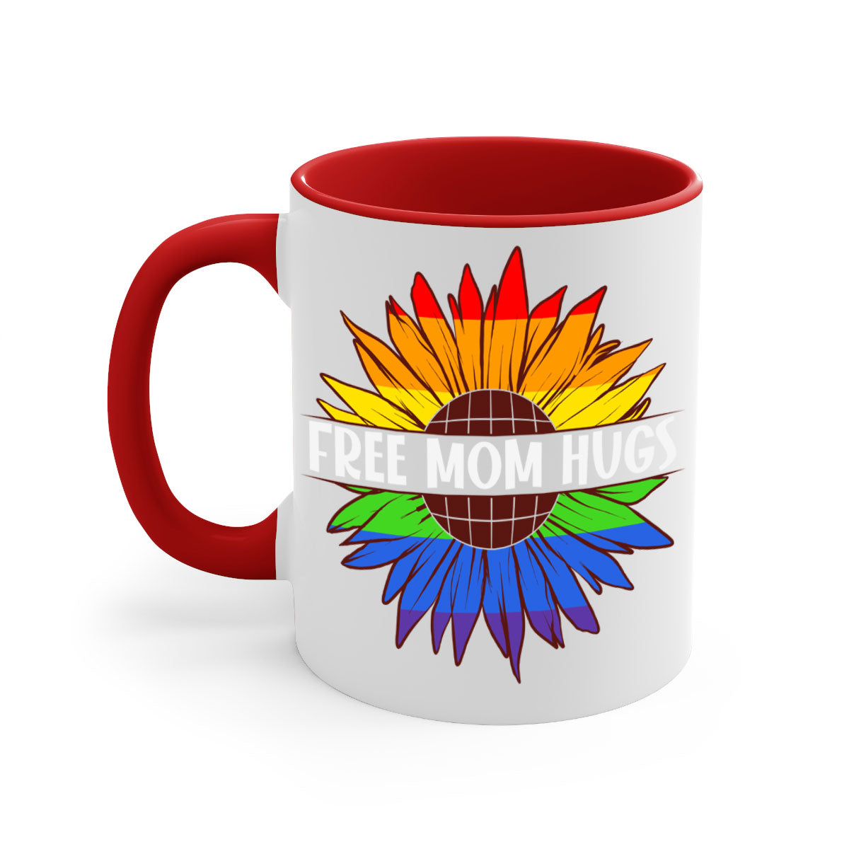 Free Mom Hugs LGBT Daisy Mug with colorful handle and interior, showcasing a daisy design and glossy finish.