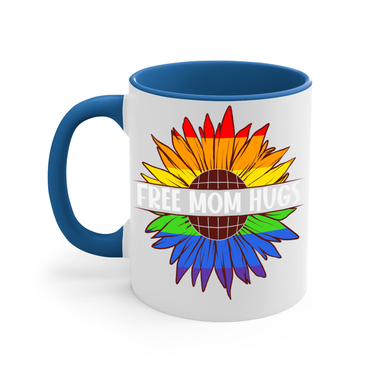 Free Mom Hugs LGBT Daisy Mug with colorful handle and interior, showcasing a daisy design and glossy finish.