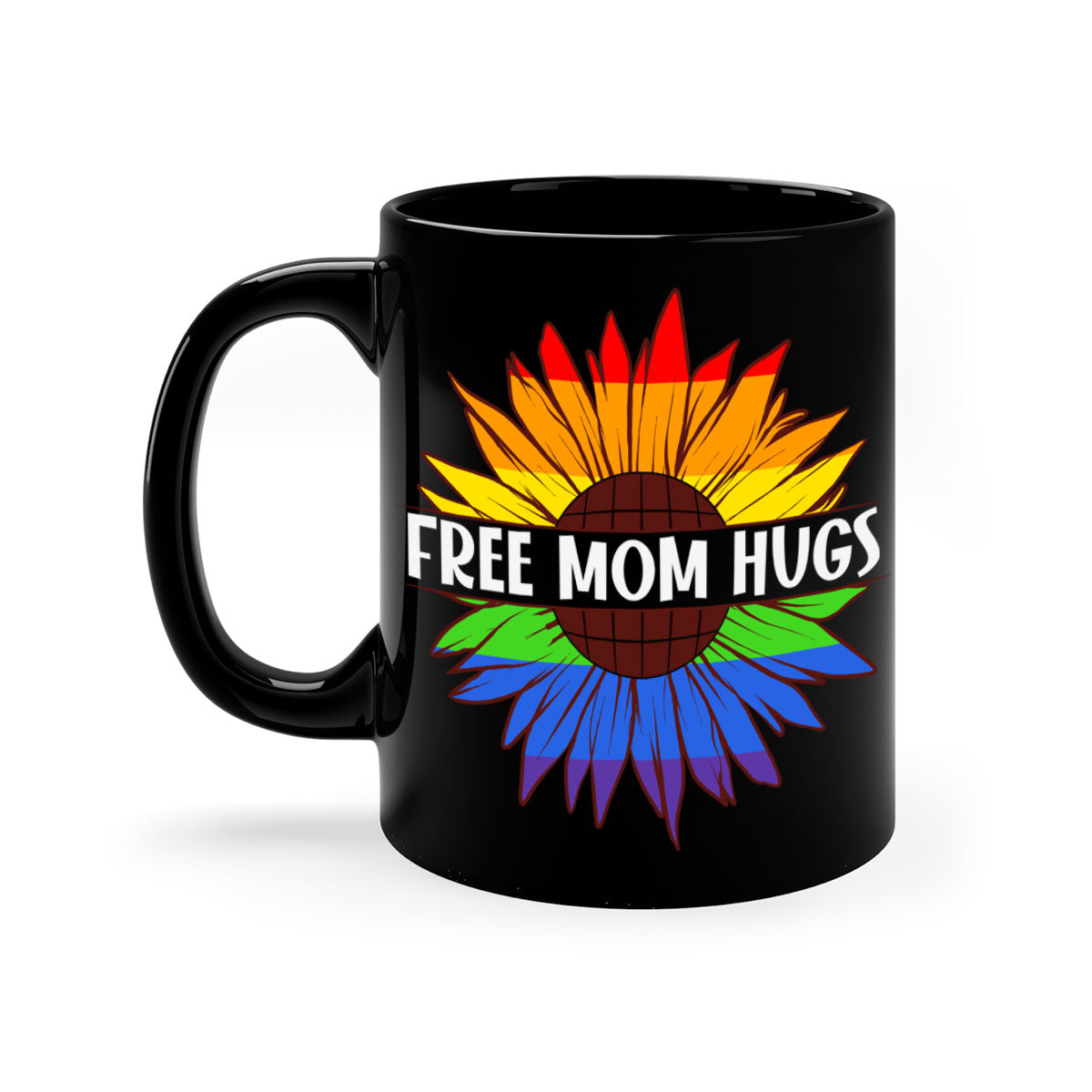 Free Mom Hugs LGBT Daisy Mug with colorful handle and interior, showcasing a daisy design and glossy finish.