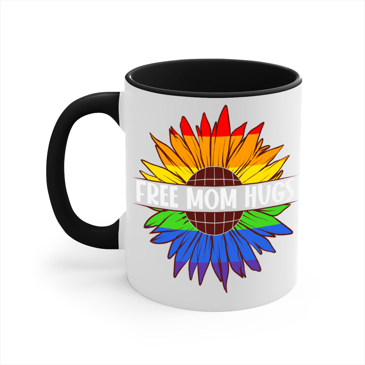 Free Mom Hugs LGBT Daisy Mug with colorful handle and interior, showcasing a daisy design and glossy finish.