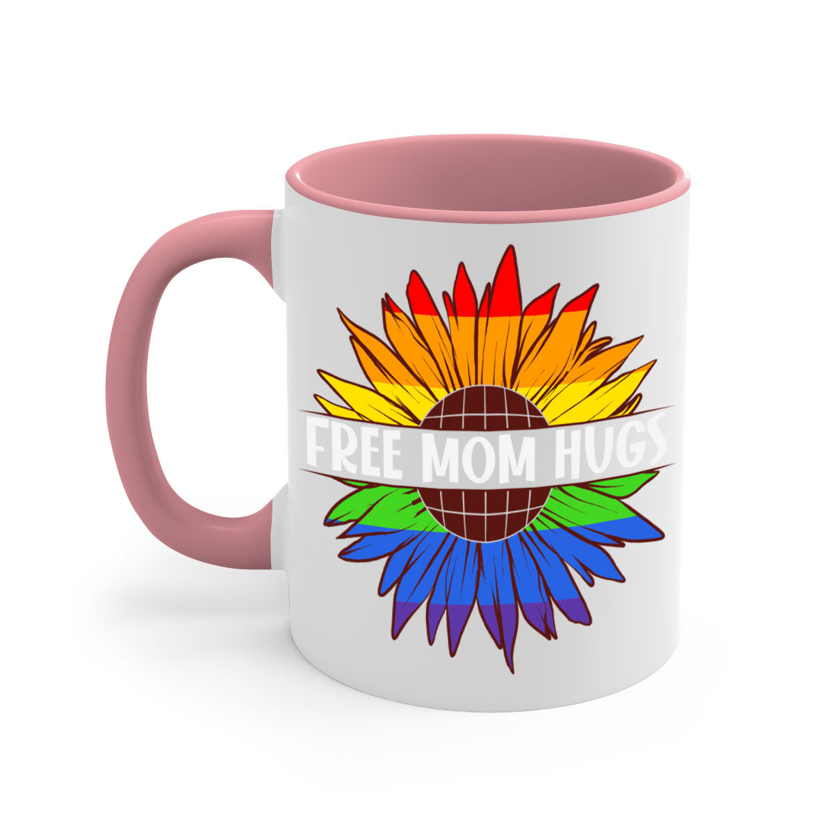 Free Mom Hugs LGBT Daisy Mug with colorful handle and interior, showcasing a daisy design and glossy finish.