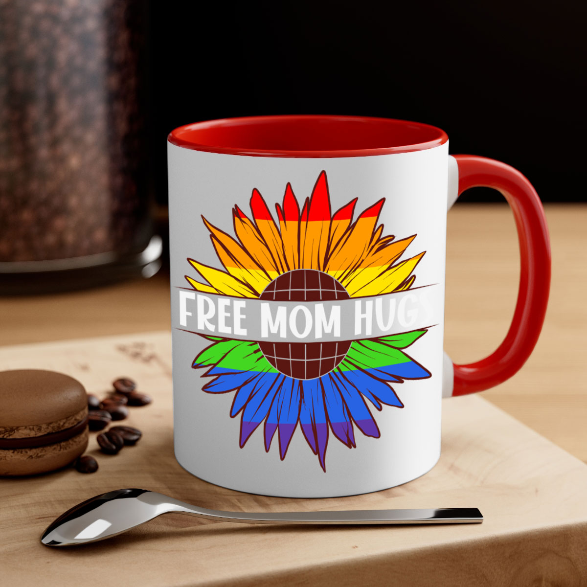 Free Mom Hugs LGBT Daisy Mug with colorful handle and interior, showcasing a daisy design and glossy finish.