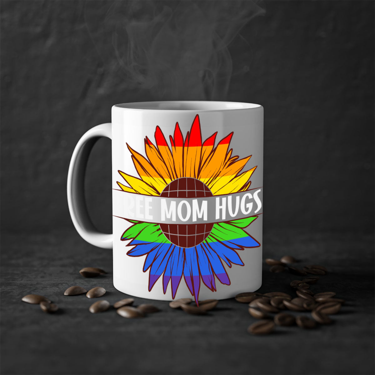 Free Mom Hugs LGBT Daisy Mug with colorful handle and interior, showcasing a daisy design and glossy finish.