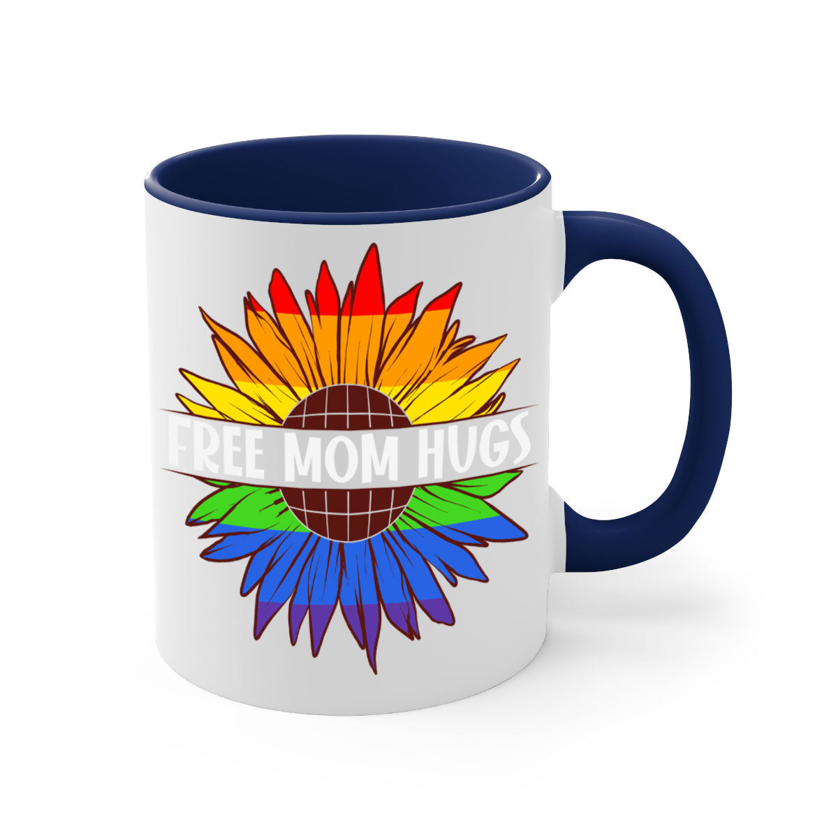 Free Mom Hugs LGBT Daisy Mug with colorful handle and interior, showcasing a daisy design and glossy finish.