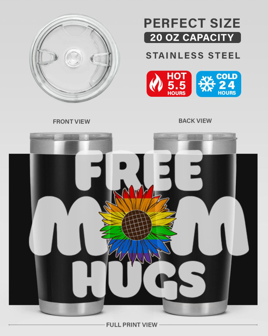 Free Mom Hugs Pride LGBT Tumbler in vibrant colors, showcasing double wall vacuum stainless steel design with a drink-thru lid.