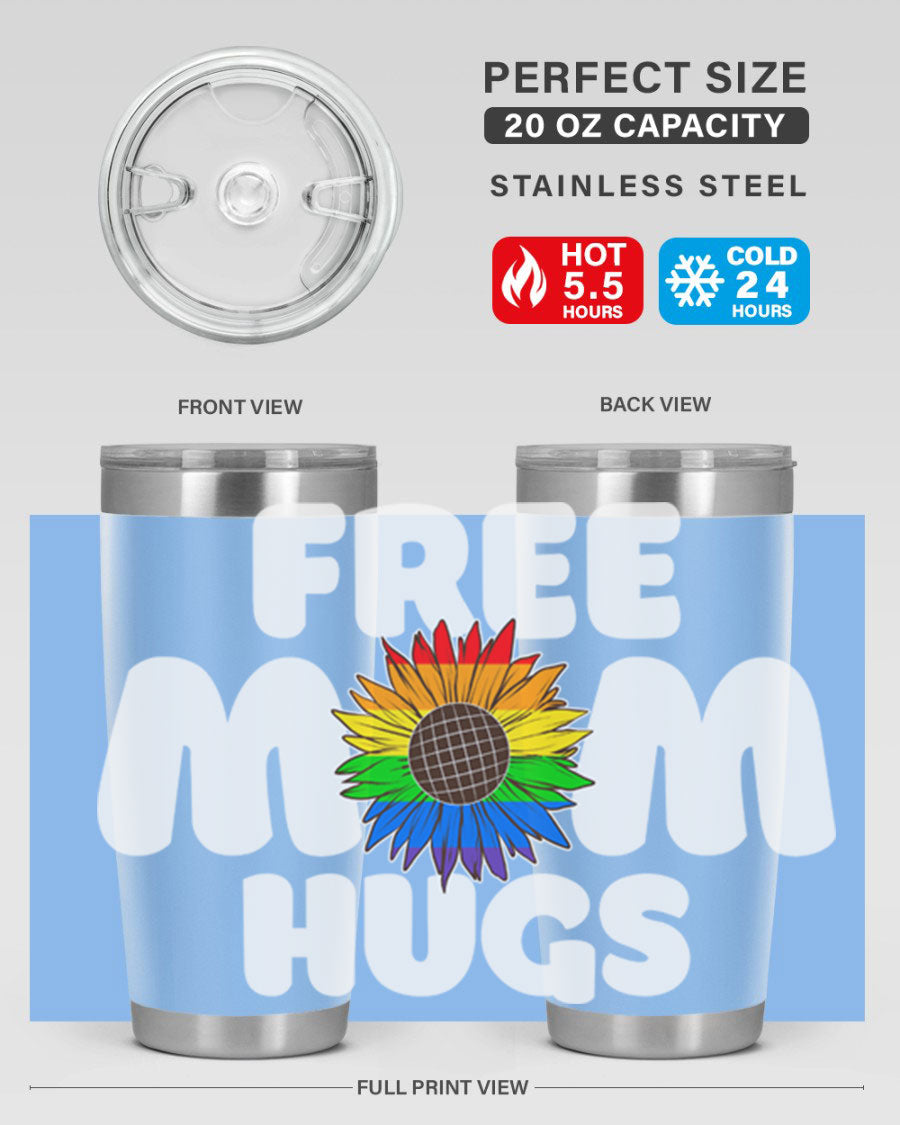 Free Mom Hugs Pride LGBT Tumbler in vibrant colors, showcasing double wall vacuum stainless steel design with a drink-thru lid.