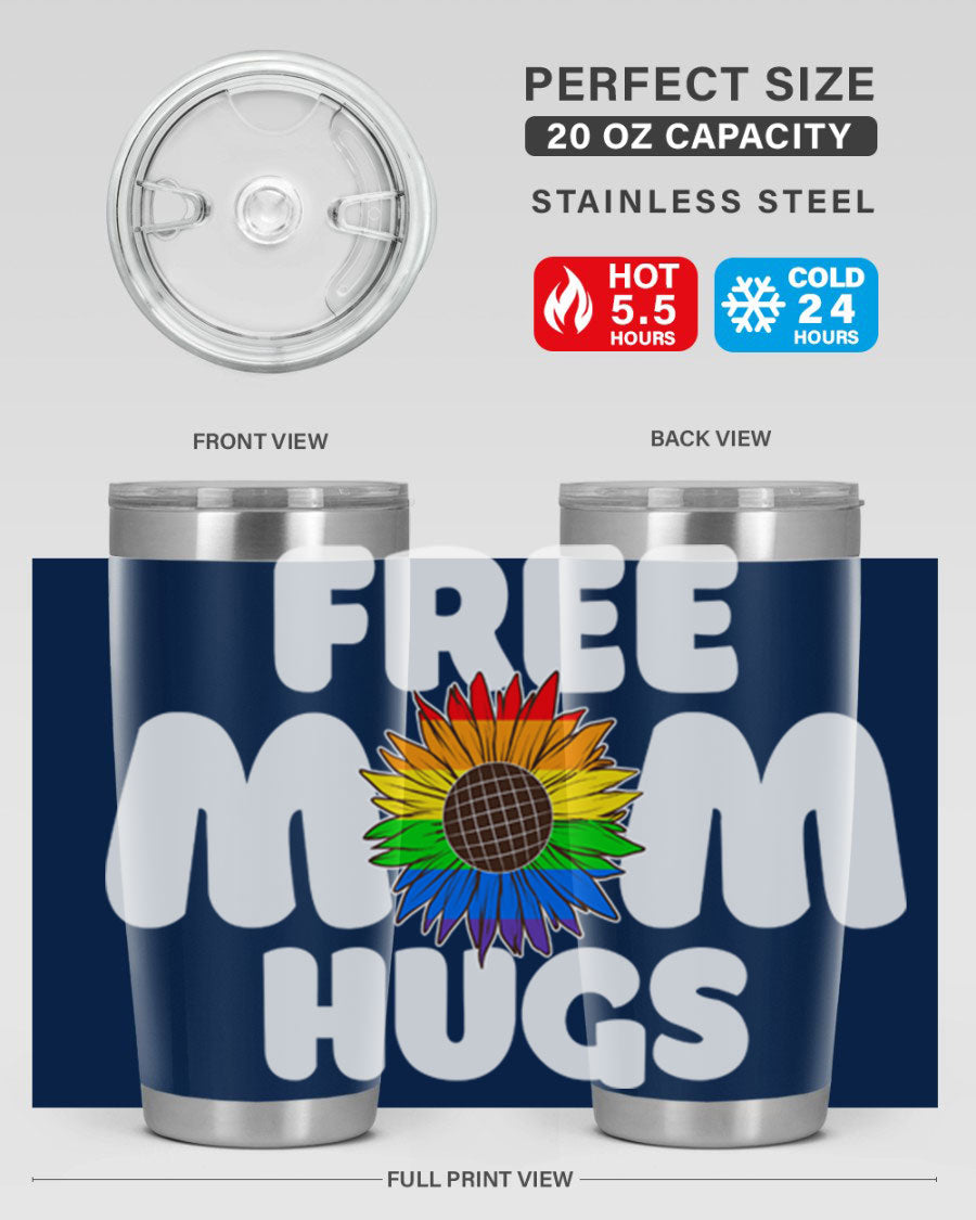 Free Mom Hugs Pride LGBT Tumbler in vibrant colors, showcasing double wall vacuum stainless steel design with a drink-thru lid.
