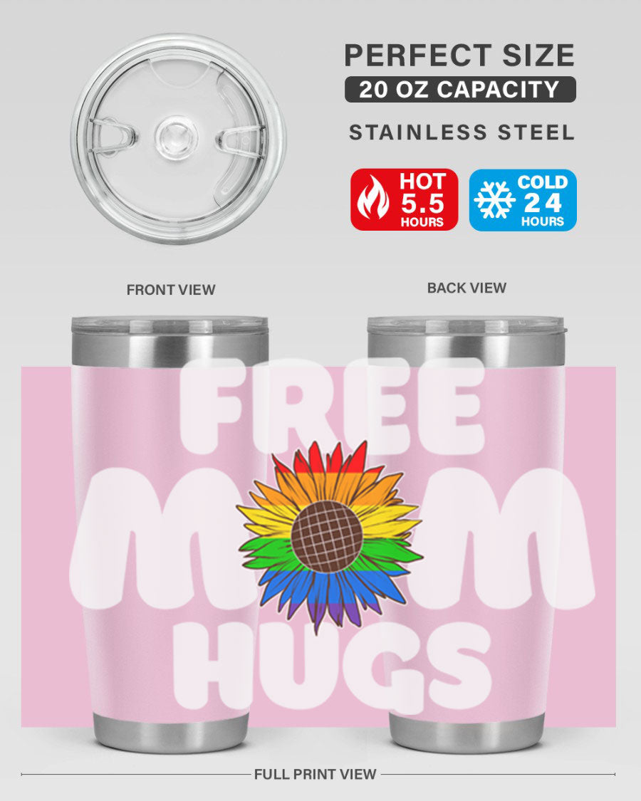 Free Mom Hugs Pride LGBT Tumbler in vibrant colors, showcasing double wall vacuum stainless steel design with a drink-thru lid.