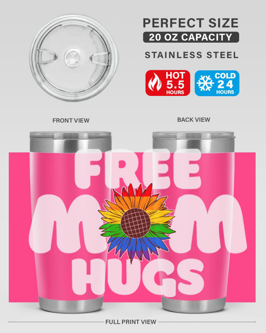 Free Mom Hugs Pride LGBT Tumbler in vibrant colors, showcasing double wall vacuum stainless steel design with a drink-thru lid.