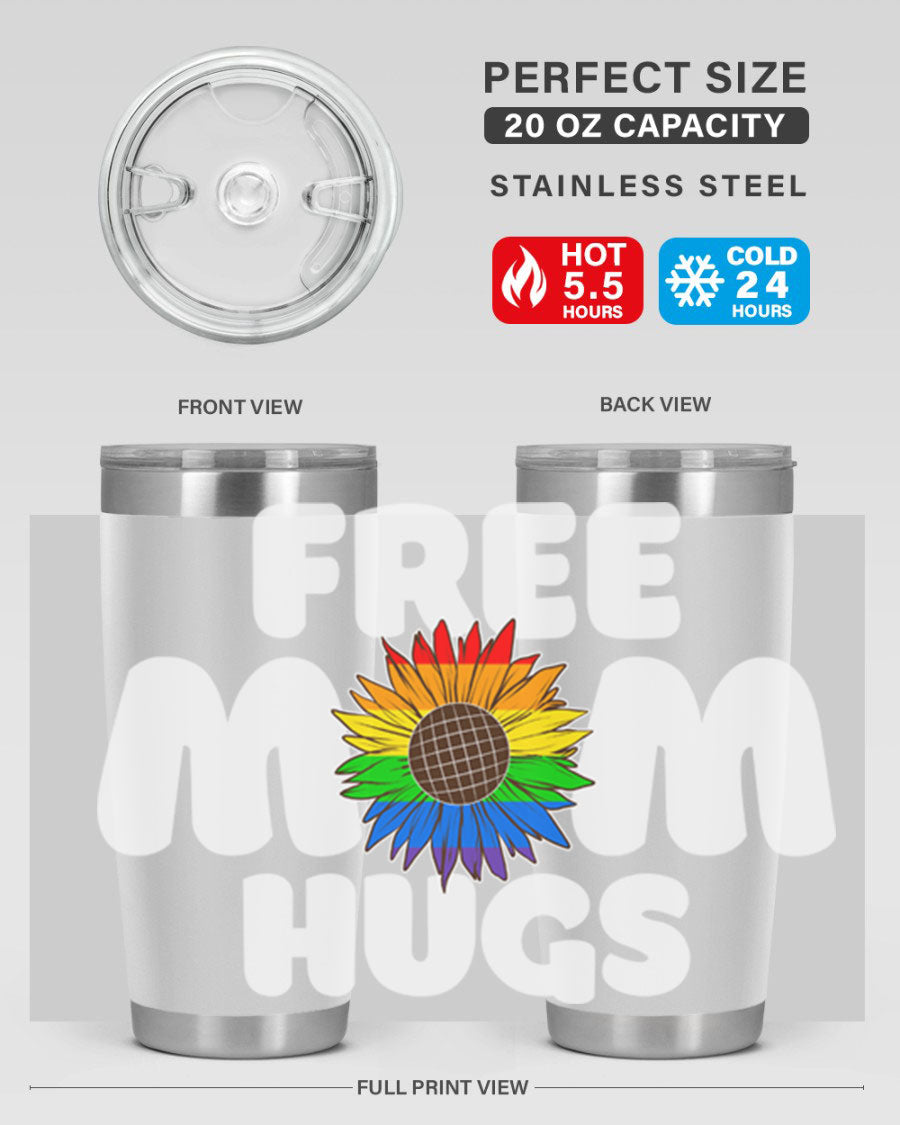 Free Mom Hugs Pride LGBT Tumbler in vibrant colors, showcasing double wall vacuum stainless steel design with a drink-thru lid.