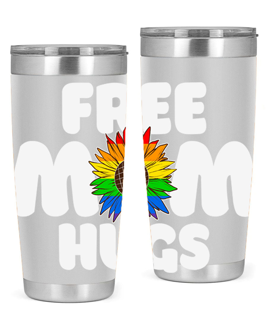 Free Mom Hugs Pride LGBT Tumbler in vibrant colors, showcasing double wall vacuum stainless steel design with a drink-thru lid.