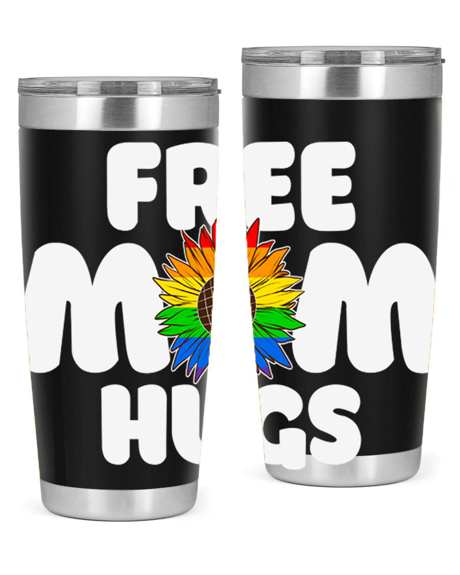 Free Mom Hugs Pride LGBT Tumbler in vibrant colors, showcasing double wall vacuum stainless steel design with a drink-thru lid.