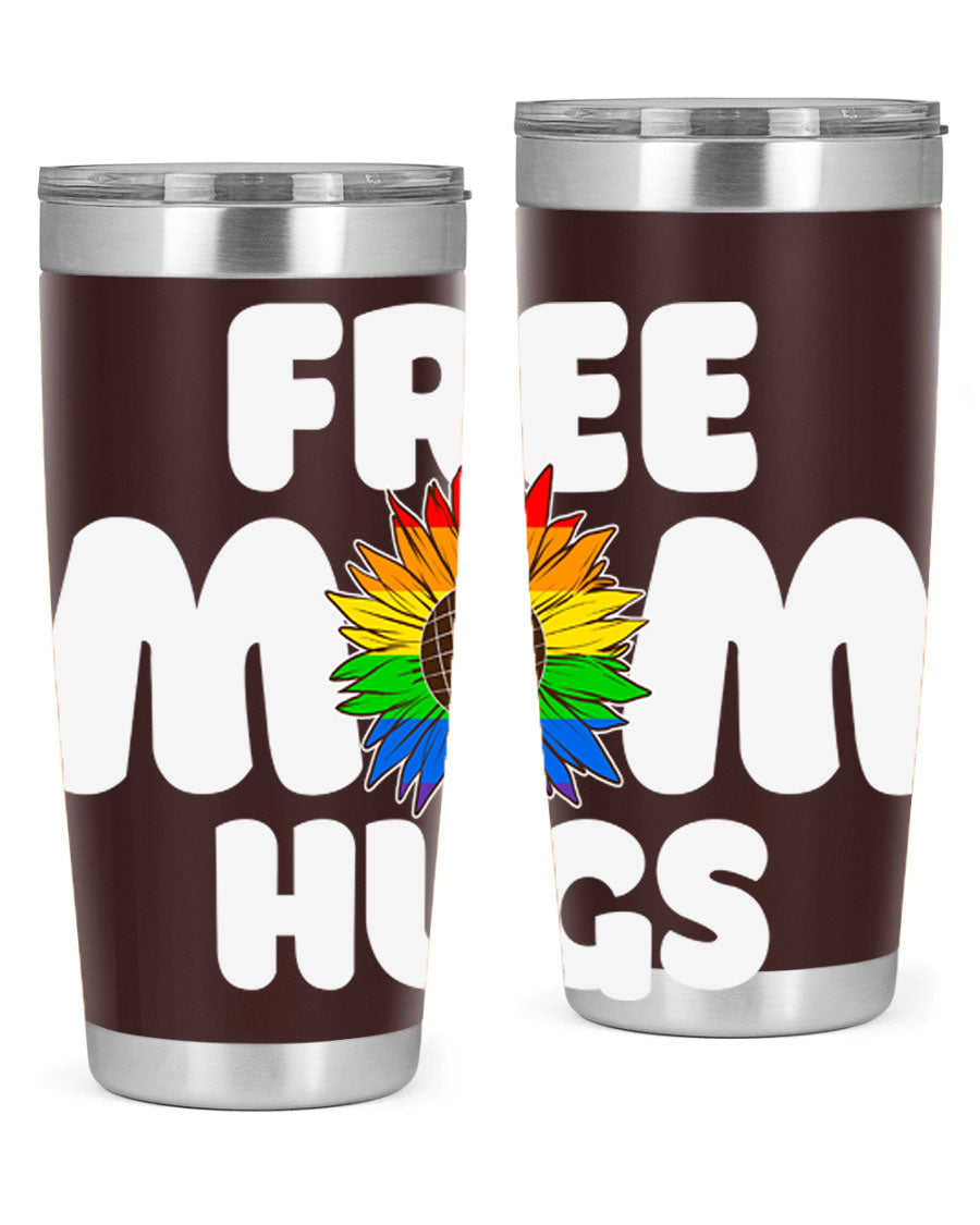 Free Mom Hugs Pride LGBT Tumbler in vibrant colors, showcasing double wall vacuum stainless steel design with a drink-thru lid.