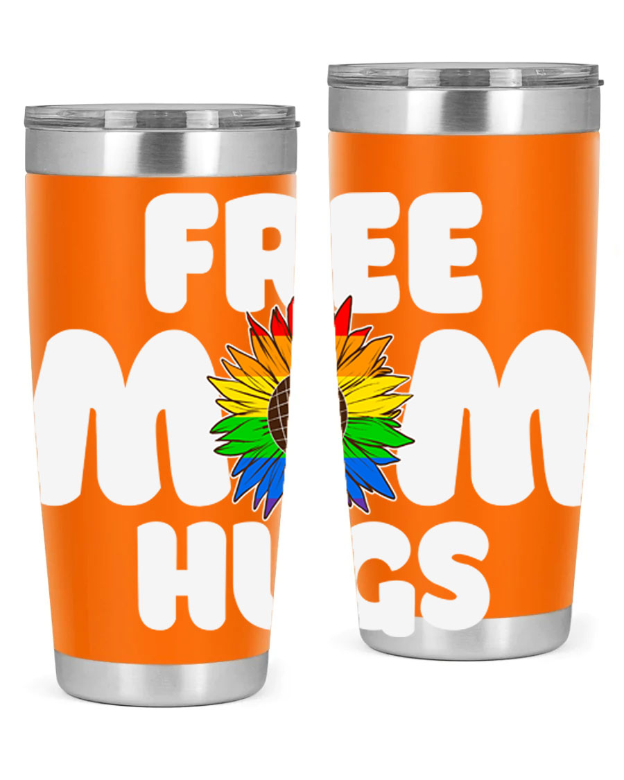 Free Mom Hugs Pride LGBT Tumbler in vibrant colors, showcasing double wall vacuum stainless steel design with a drink-thru lid.