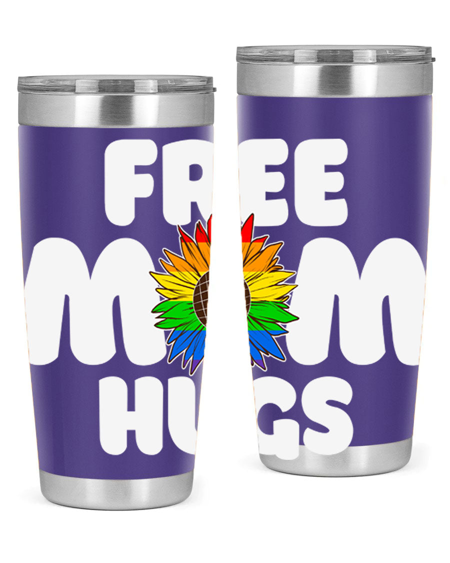 Free Mom Hugs Pride LGBT Tumbler in vibrant colors, showcasing double wall vacuum stainless steel design with a drink-thru lid.