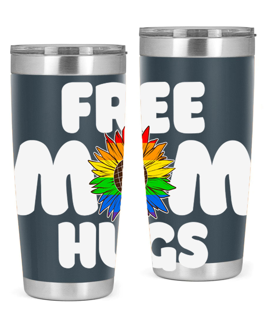 Free Mom Hugs Pride LGBT Tumbler in vibrant colors, showcasing double wall vacuum stainless steel design with a drink-thru lid.