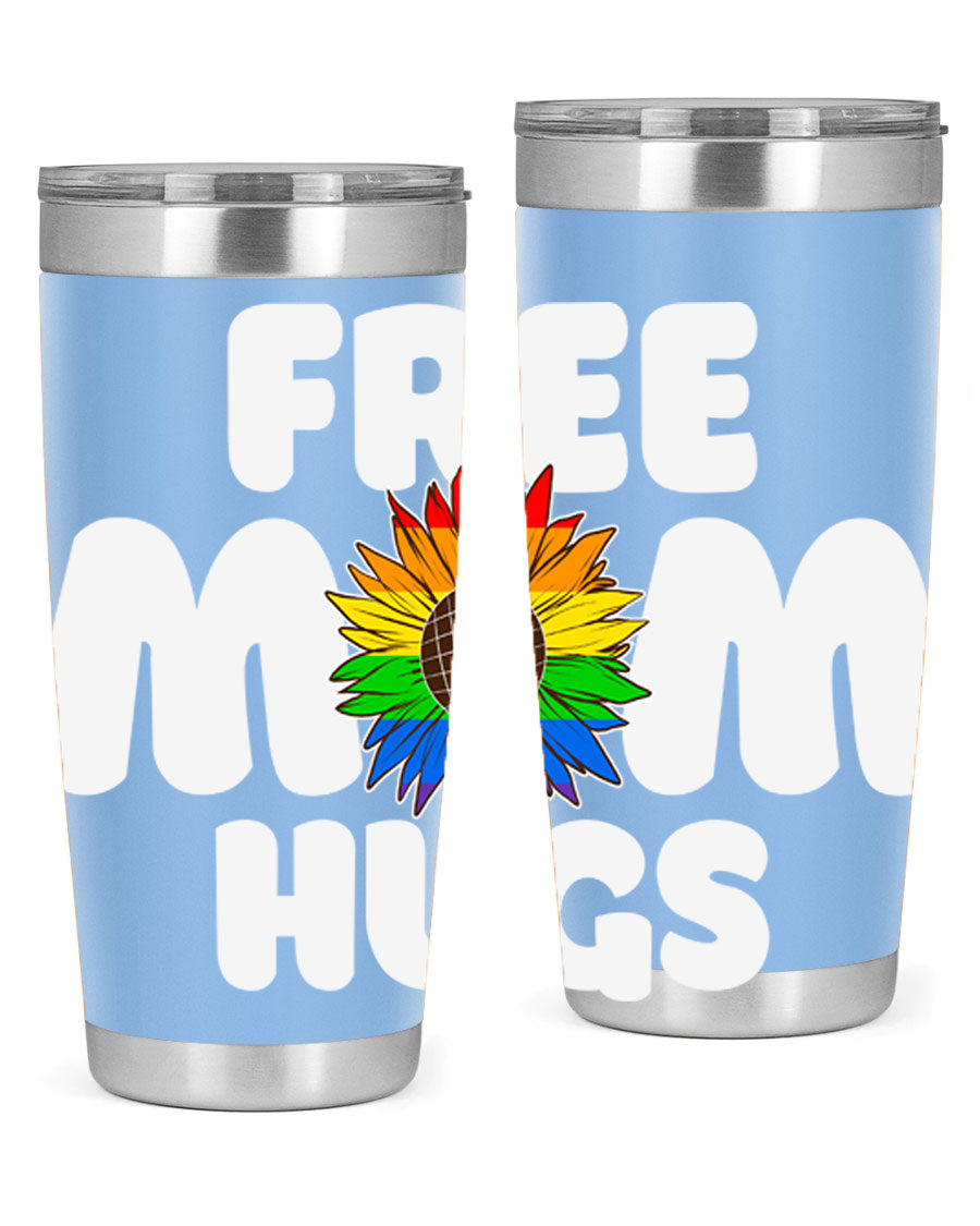 Free Mom Hugs Pride LGBT Tumbler in vibrant colors, showcasing double wall vacuum stainless steel design with a drink-thru lid.