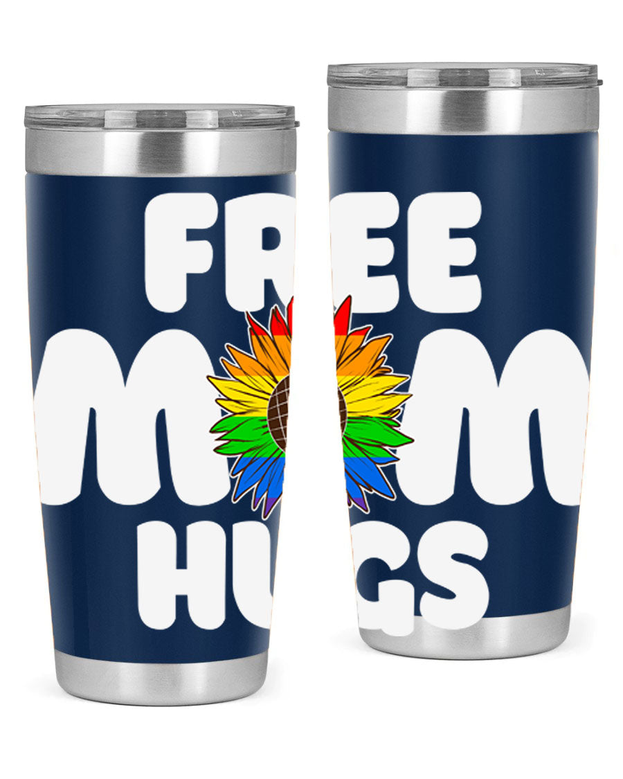 Free Mom Hugs Pride LGBT Tumbler in vibrant colors, showcasing double wall vacuum stainless steel design with a drink-thru lid.