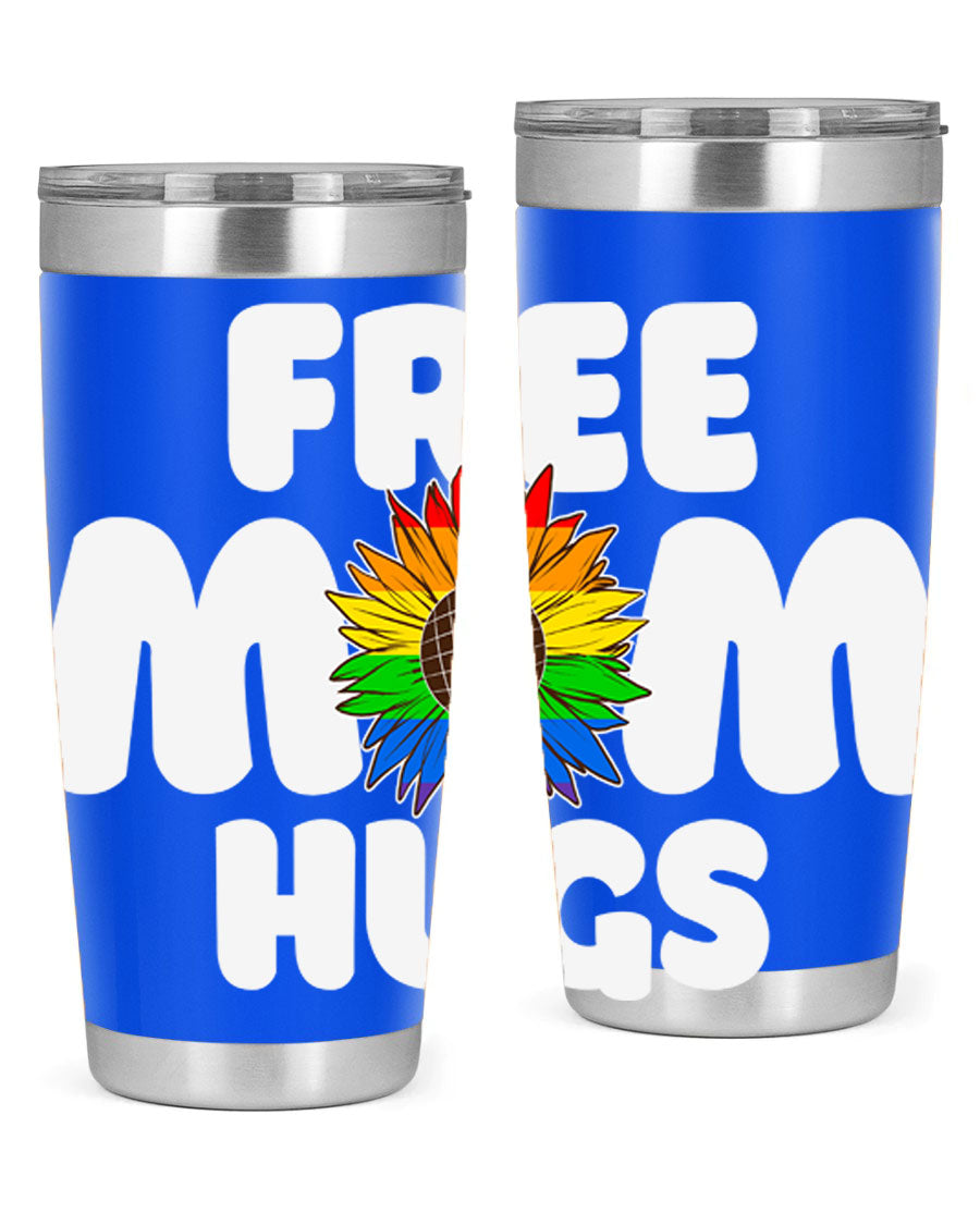 Free Mom Hugs Pride LGBT Tumbler in vibrant colors, showcasing double wall vacuum stainless steel design with a drink-thru lid.