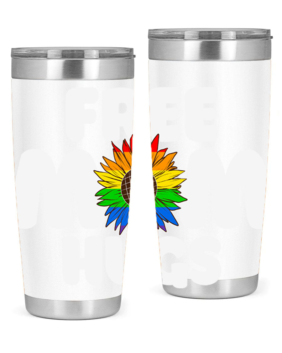 Free Mom Hugs Pride LGBT Tumbler in vibrant colors, showcasing double wall vacuum stainless steel design with a drink-thru lid.
