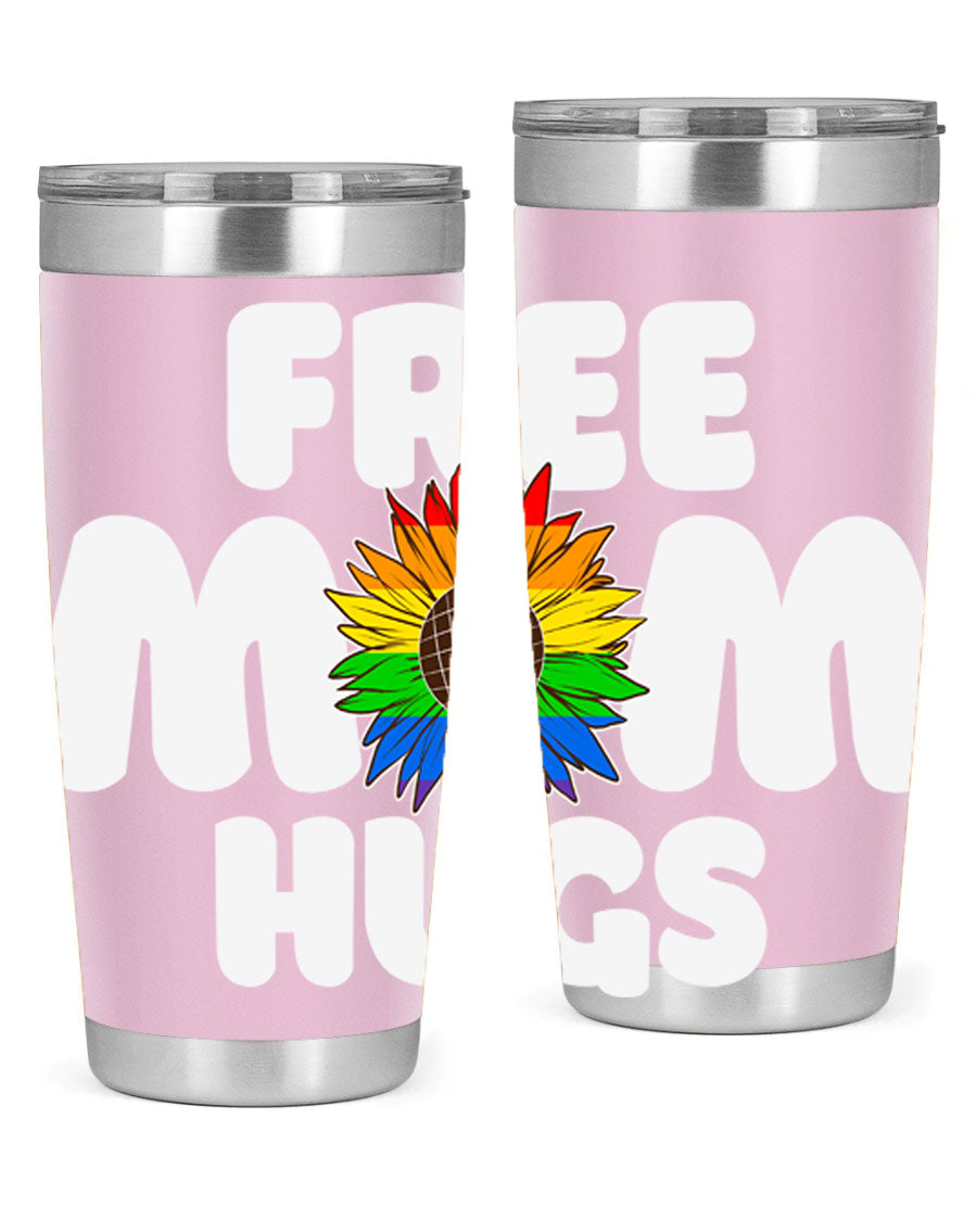 Free Mom Hugs Pride LGBT Tumbler in vibrant colors, showcasing double wall vacuum stainless steel design with a drink-thru lid.