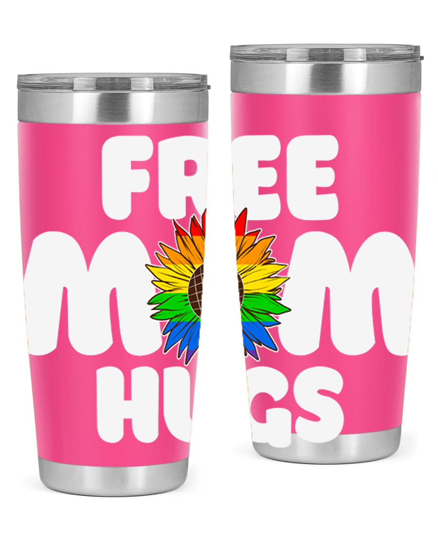 Free Mom Hugs Pride LGBT Tumbler in vibrant colors, showcasing double wall vacuum stainless steel design with a drink-thru lid.