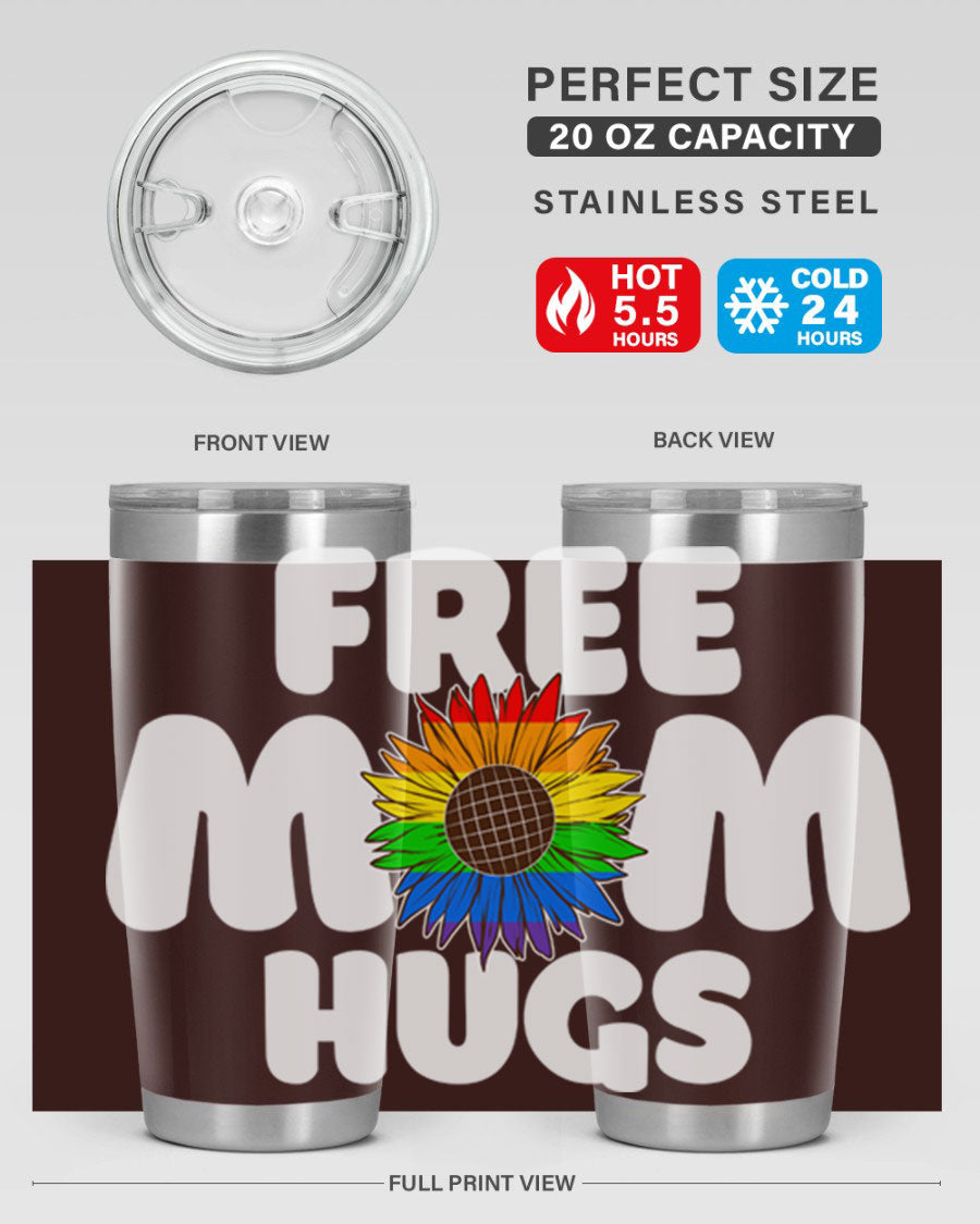 Free Mom Hugs Pride LGBT Tumbler in vibrant colors, showcasing double wall vacuum stainless steel design with a drink-thru lid.