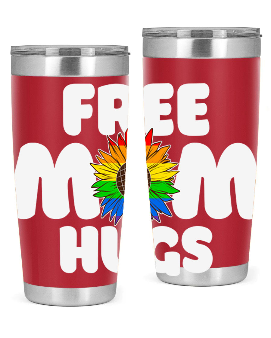 Free Mom Hugs Pride LGBT Tumbler in vibrant colors, showcasing double wall vacuum stainless steel design with a drink-thru lid.