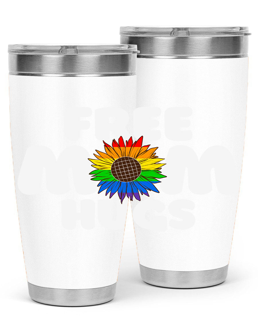Free Mom Hugs Pride LGBT Tumbler in vibrant colors, showcasing double wall vacuum stainless steel design with a drink-thru lid.